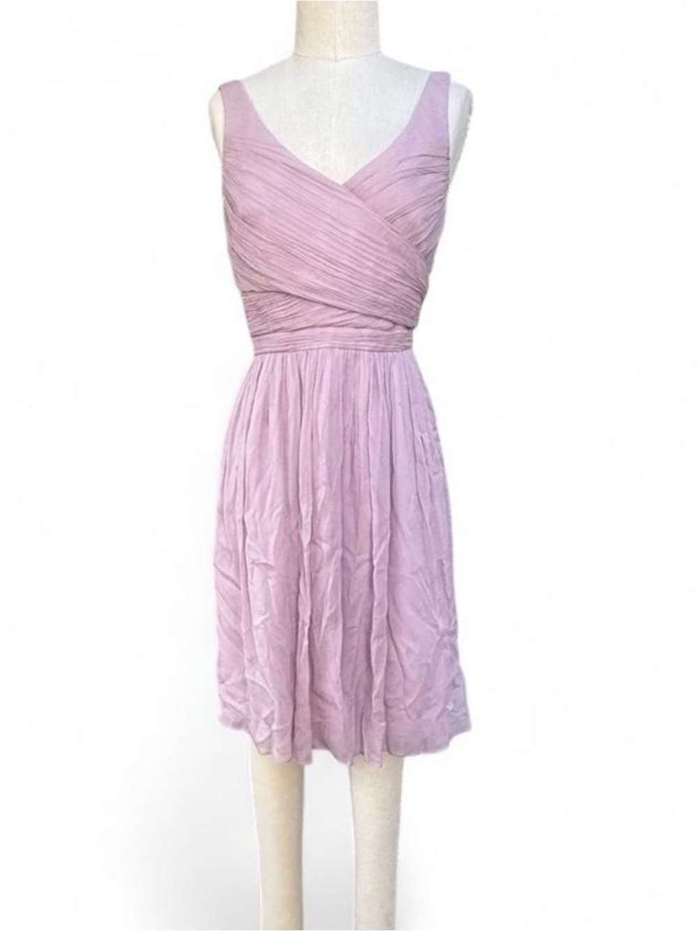 Lavender 100% Silk Surplice V-Neck Sleeveless Dress - Elegant Ruched Bodice